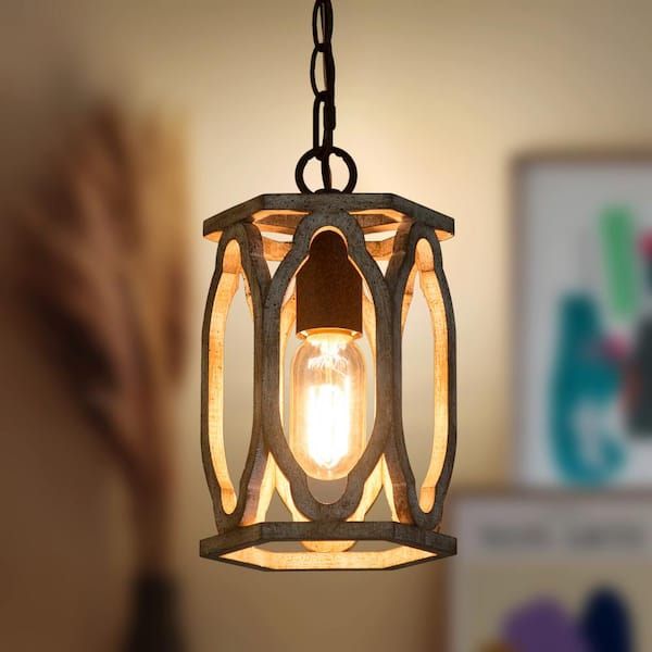 Lnc Wood Lantern Pendant Light, 1 Light Brown Farmhouse Caged Chandelier  Drum Rustic Cylinder Island Pendant Light Ifruumhd1406177 – The Home Depot Within Brown Wood Lantern Chandeliers (View 7 of 15)