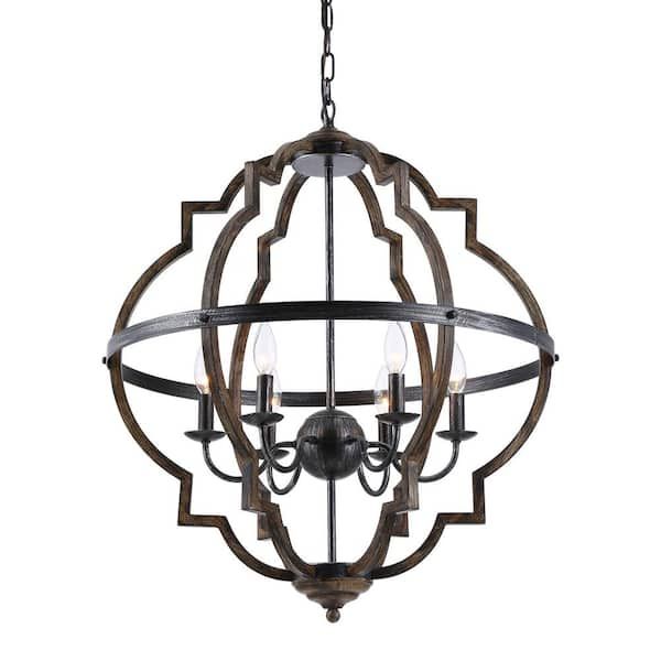 Parrot Uncle Cambon 6 Light Distressed Black And Brushed Wood Lantern  Geometric Chandelier D2260 6bz110v – The Home Depot Inside Distressed Black Lantern Chandeliers (Photo 9 of 15)