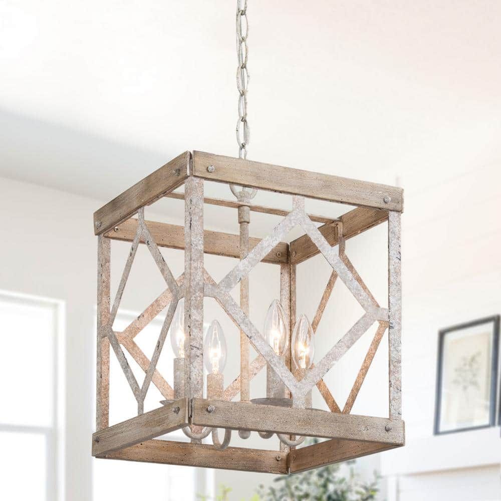 Reviews For Lnc Farmhouse Cage Chandelier, 4 Light Gray French Country Wood  Lantern Square Pendant Chandelier With Rustic Metal Accents | Pg 1 – The  Home Depot Throughout County French Iron Lantern Chandeliers (Photo 14 of 15)
