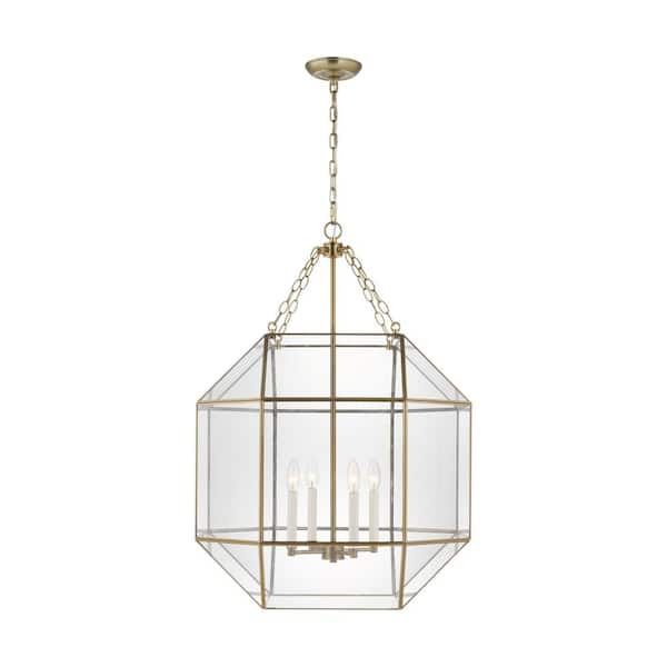 Sea Gull Lighting Morrison 4 Light Satin Brass Large Lantern Pendant Light  With Clear Glass Panel 5279404en 848 – The Home Depot Throughout Lantern Chandeliers With Transparent Glass (Photo 15 of 15)