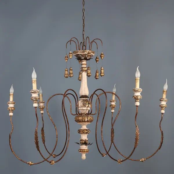 Spectacular French Country 6 Light Candle Style Chandelier Carved Wood &  Metal Antique Gold Homary Intended For County French Iron Lantern Chandeliers (View 10 of 15)