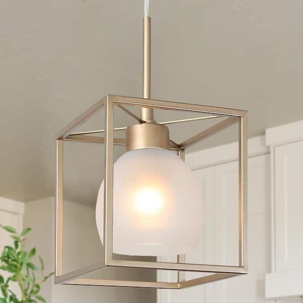 Uolfin Modern Lantern Island Pendant Light Eicy 1 Light Gold Cage Chandelier  Pendant Light With Frosted Glass Shade 276vmbhd243477n – The Home Depot In Gild One Light Lantern Chandeliers (Photo 7 of 15)