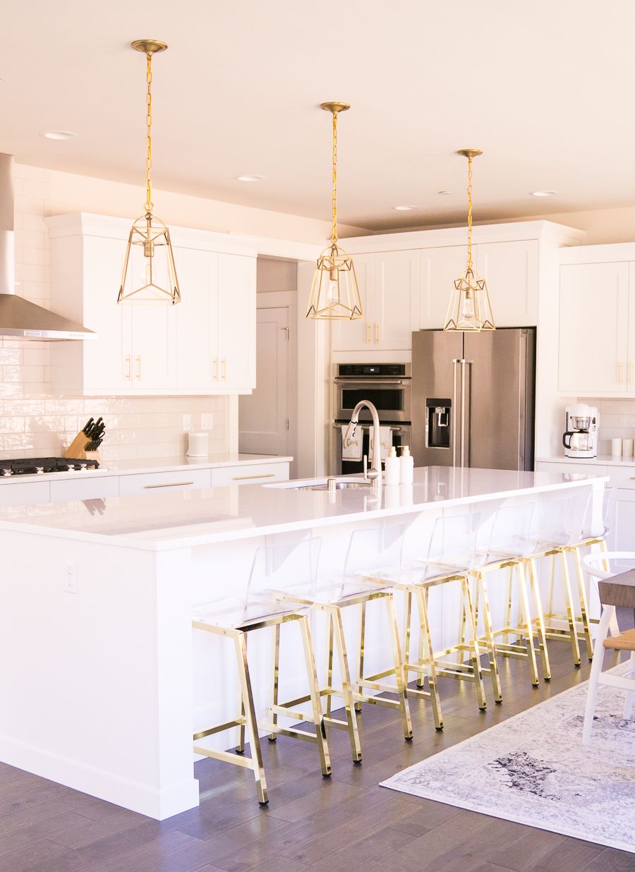 White And Gold Kitchen, Gold Lantern Pendant Lights, Acrylic Bar Stools  With Gold Legs | Just A Tina Bit Pertaining To White Gold Lantern Chandeliers (Photo 6 of 15)