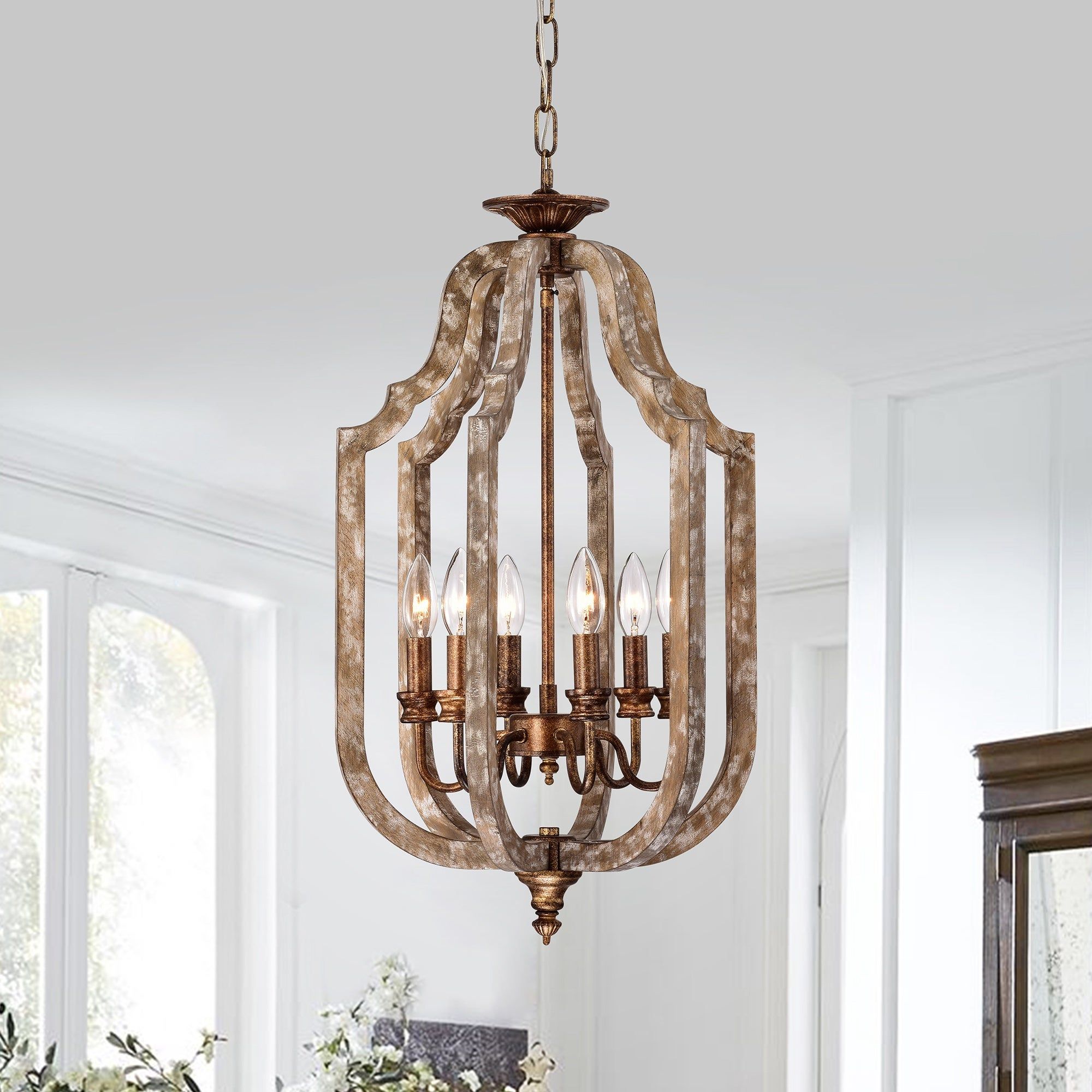 Wood And Antique Gold 6 Light Cage Lantern Pendant – On Sale – Overstock –  33631192 Intended For Antique Gold Lantern Chandeliers (View 15 of 15)