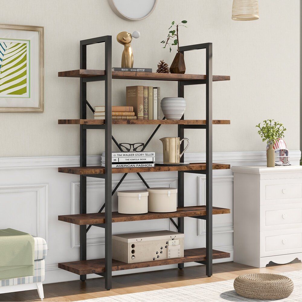17 Stories Trexm 5 Tier Industrial Bookcase With Rustic Wood And Metal  Frame, Large Open Bookshelf For Living Room(distressed Brown) & Reviews |  Wayfair Pertaining To Five Tier Bookcases (View 10 of 15)