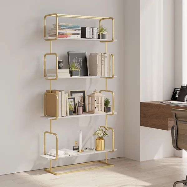 1800mm Modern White Tall Freestanding Wooden Office 4 Shelves Etagere  Bookcase In Gold  Homary In Gold Bookcases (Photo 4 of 15)