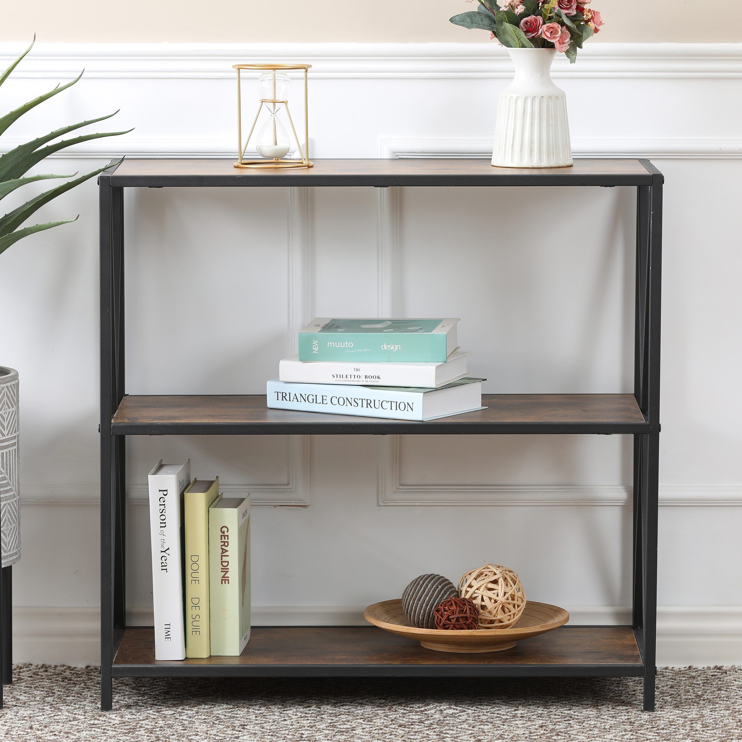 2 Shelf 30.44" H X 31.38" W Dark Wood Finish X Frame Metal Etagere Bookcase  – On Sale – Overstock – 33735512 Intended For X Frame Metal Bookcases (Photo 10 of 15)