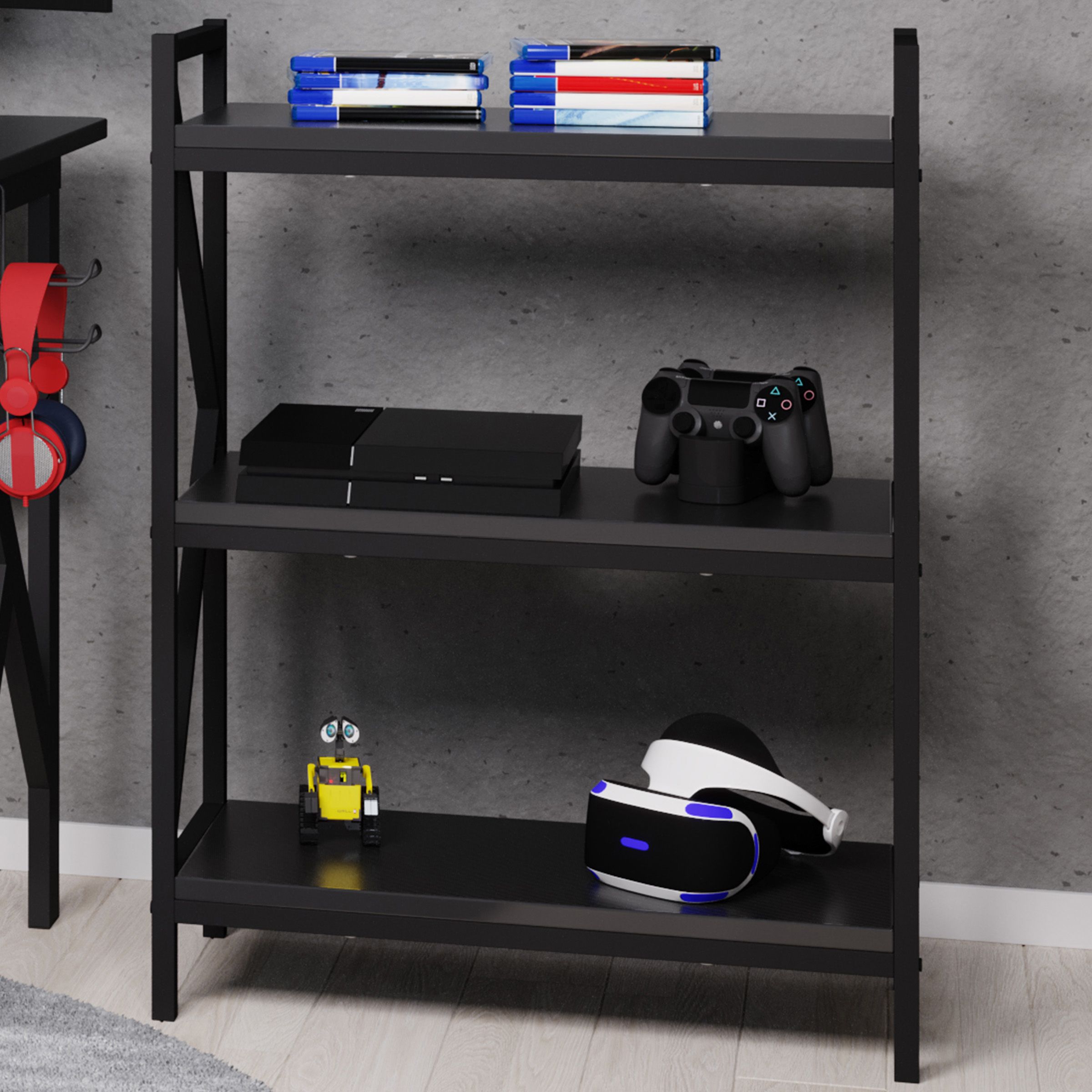 3 Shelf Bookcase – Console Table Or Storage Shelf With Carbon Fiber Texture  Finish And K Shaped Legslavish Home (black) – Walmart Throughout Textured Black Bookcases (View 12 of 15)