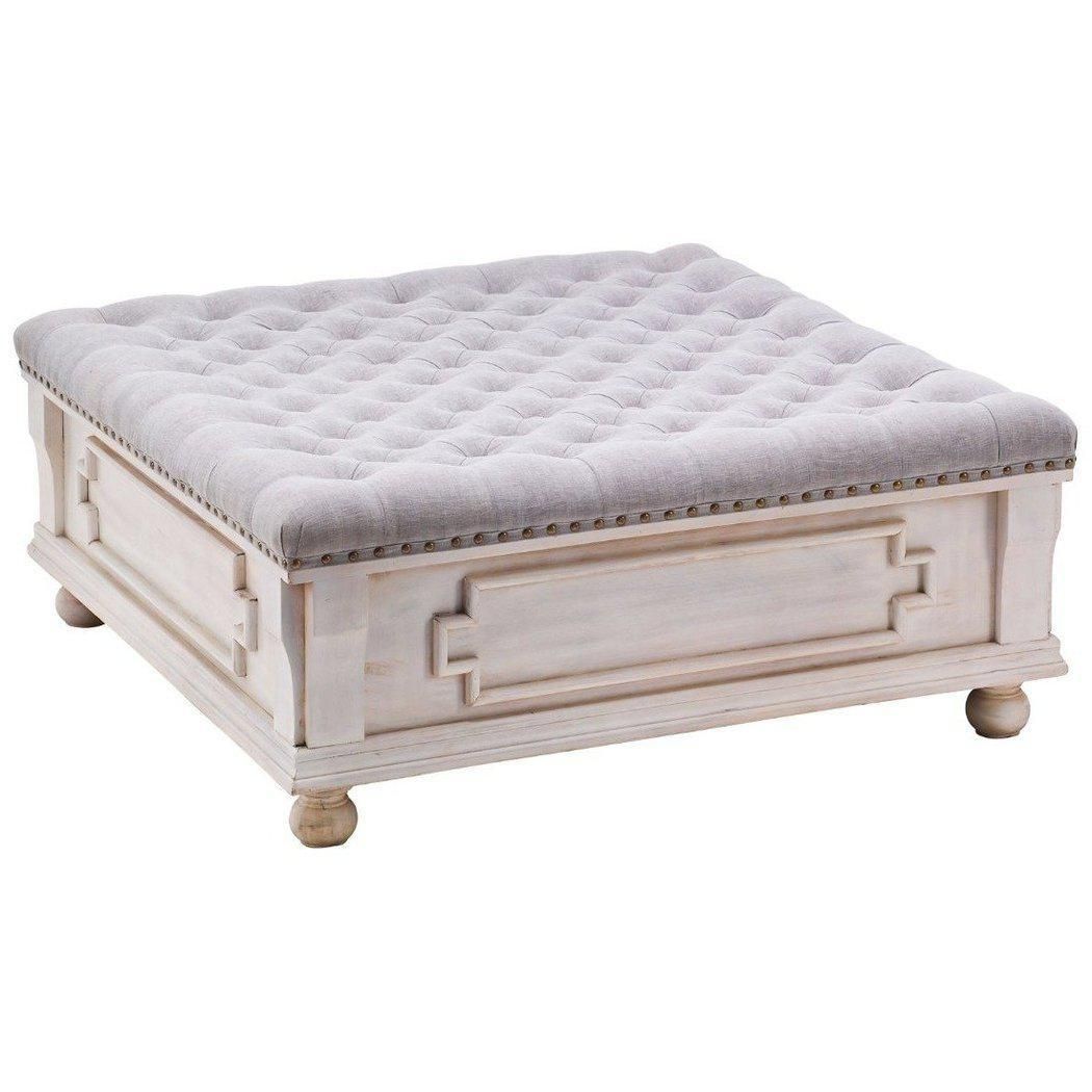 38" Square White Wash Carved Wood Hand Tufted Ottoman Coffee Table –  Walmart Inside White Wash Ottomans (View 2 of 15)
