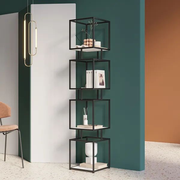 4 Tier Modern Black Cube Bookcase With Metal Tower Display Tall Shelf Homary Throughout Tower Bookcases (View 14 of 15)