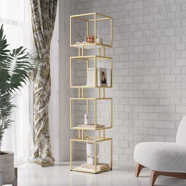 4 Tier Modern Simple Gold Cube Bookcase With Metal Tower Display Tall  Shelf Homary With Gold Bookcases (View 14 of 15)