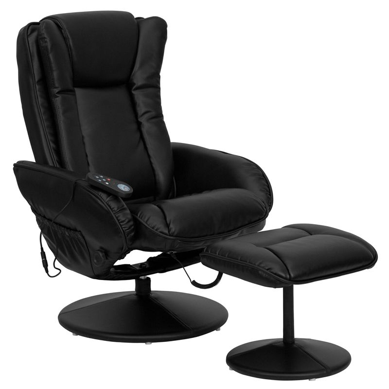 42" Massaging Black Leather Recliner & Ottoman W/ Leather Wrapped Base &  Double Padded Cushioned Back And Seat (1 Set) | Miller Supply Inc For Black Leather Wrapped Ottomans (View 2 of 15)