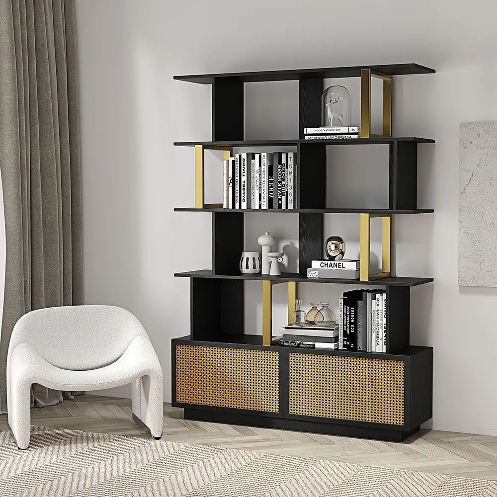 5 Tier Black Wood Bookshelf With 2 Doors Modern Bookcase In Gold  Finish Homary With 2 Tier Bookcases (View 11 of 15)