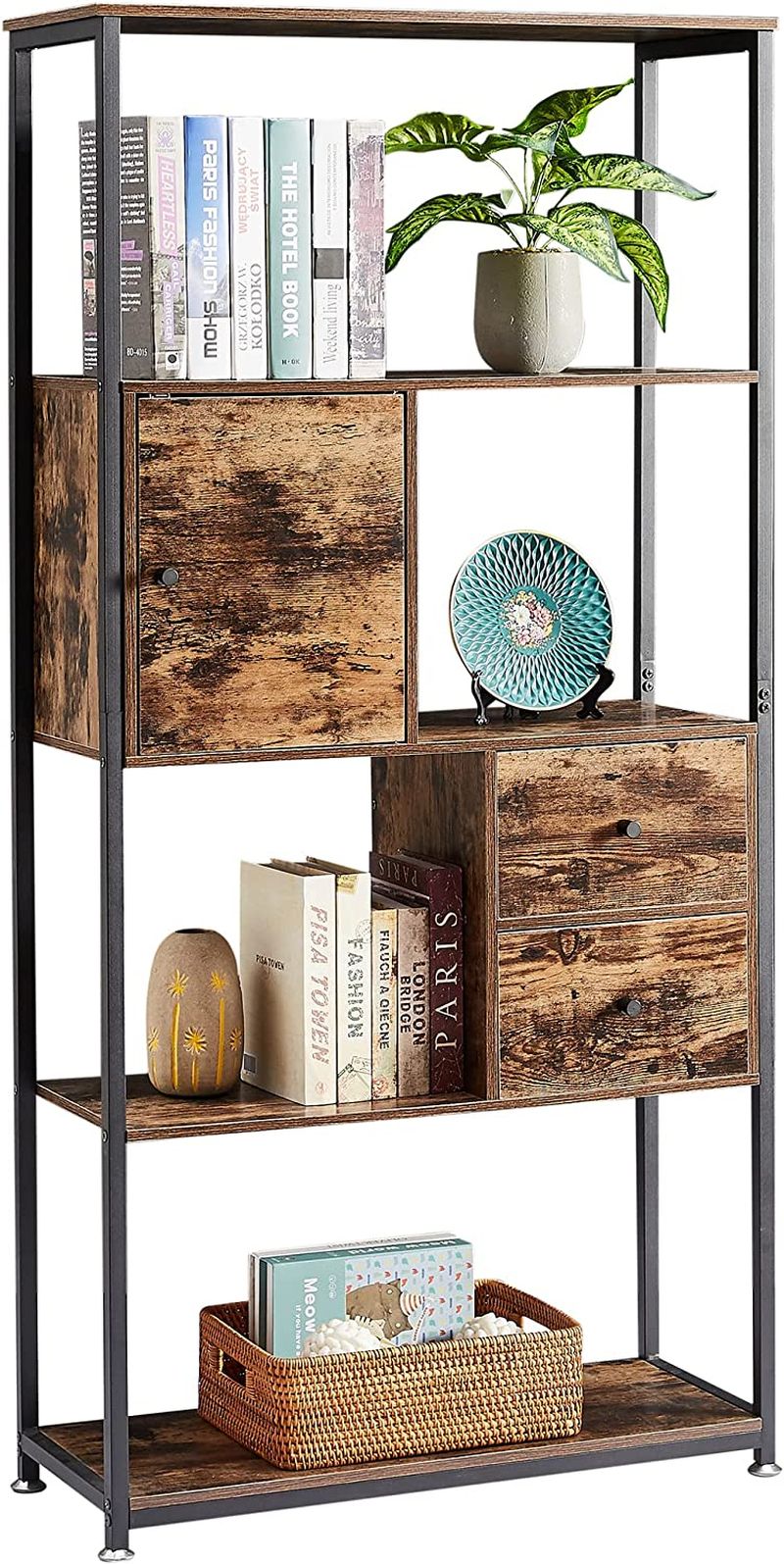 5 Tier Bookcase With Drawer/storage Cabinet/door, Modern Industrial Wood  Bookshe | Ebay Intended For 5 Tier Bookcases With Drawer (View 5 of 15)