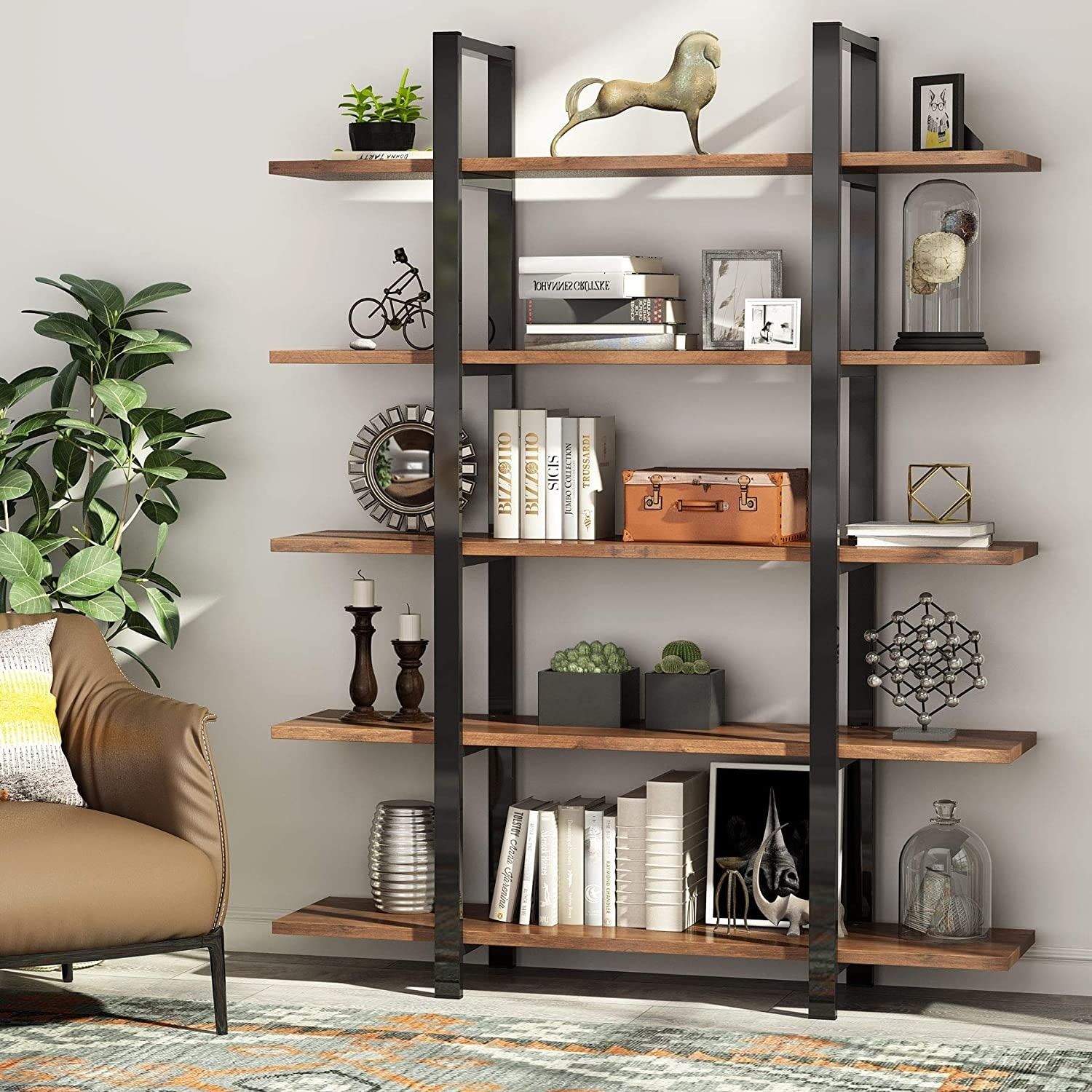 5 Tier Bookshelf, Vintage Industrial Style Bookcase – Overstock – 34492291 Inside Five Tier Bookcases (View 3 of 15)