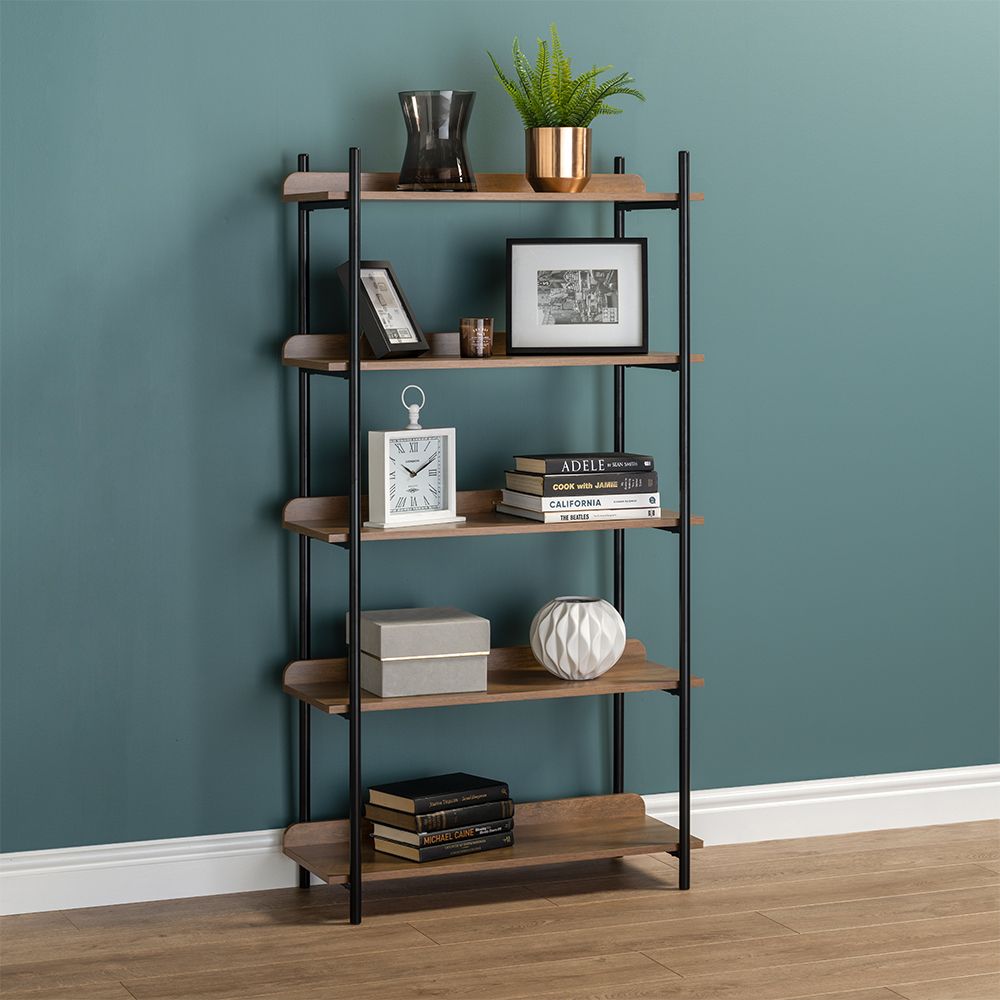 5 Tier Contemporary Industrial Bookcase Shelving Oak Style Finish & Matt  Black Metalwork – 1500mm H X 800mm W X 345mm D Racking Solutions With Industrial Bookcases (Photo 7 of 15)