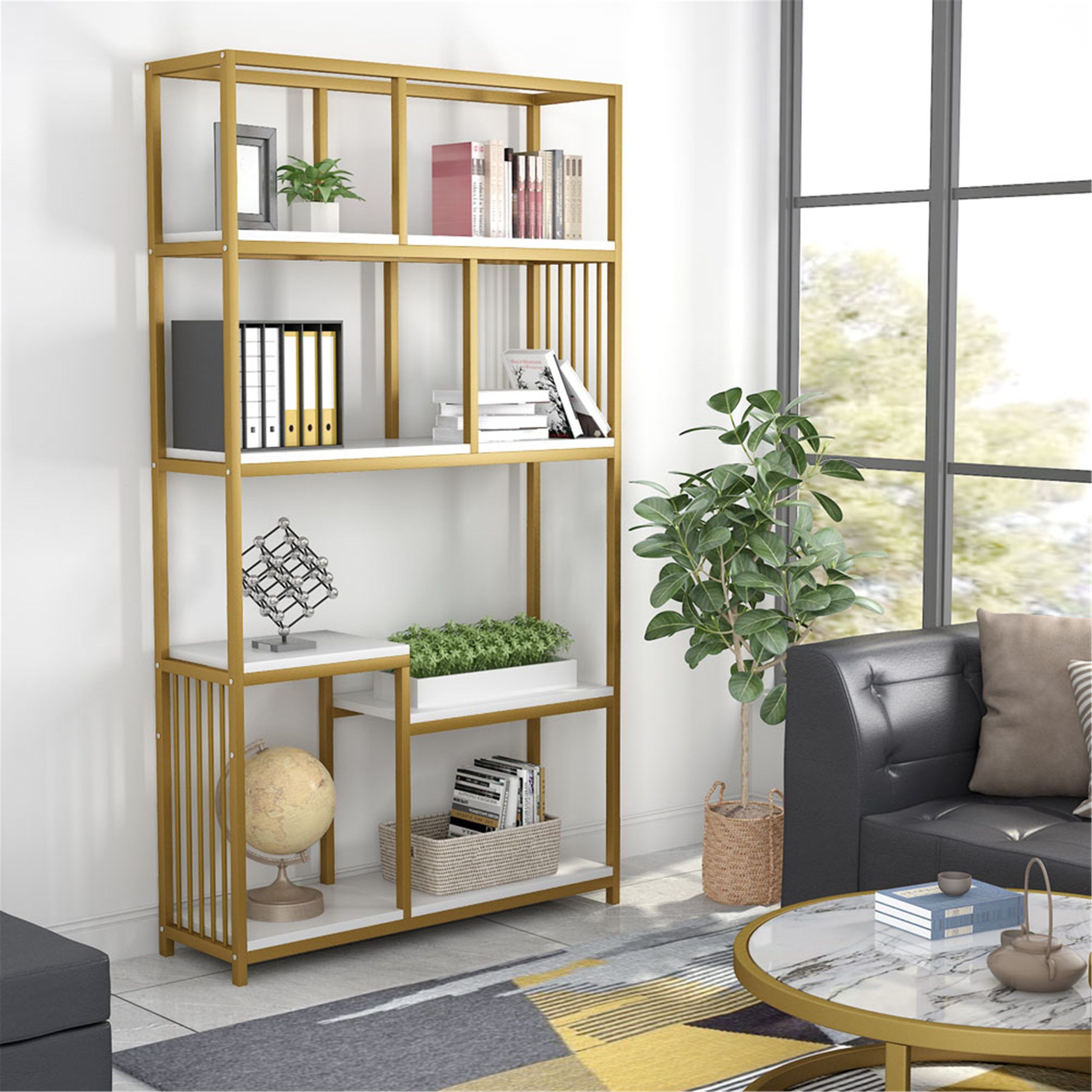 7 Open Shelf Bookcases, Etagere Bookcase With Gold Sturdy Metal Frame –  Overstock – 31300941 Throughout Gold Bookcases (Photo 7 of 15)