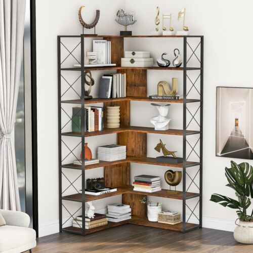 7 Tier Bookcase Home Office Bookshelf L Shaped Corner Bookcase Metal Frame  Brown | Ebay Regarding Brown Metal Bookcases (View 14 of 15)