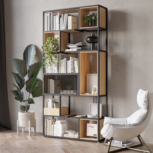 78" Modern Black Steel Geometric Bookcase 6 Tier Bookshelf Wooden Tall Book  Shelf Homary With Regard To 77 Inch Free Standing Bookcases (View 7 of 15)