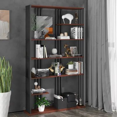 78" Modern Natural Etagere Bookcase 6 Tier Bookshelf Display In Black  Finish Homary Throughout Natural Black Bookcases (View 11 of 15)