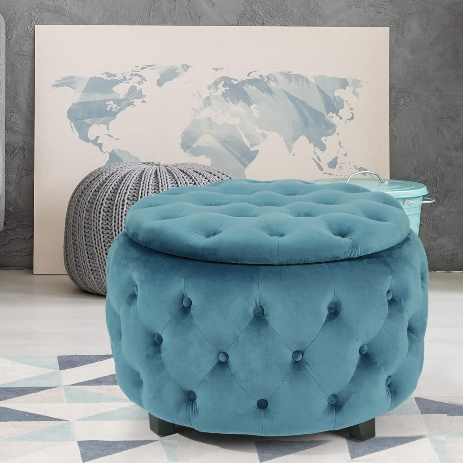 Adeco Tufted Blue Round Storage Ottoman – On Sale – Overstock – 28746022 Regarding 18 Inch Ottomans (View 5 of 15)
