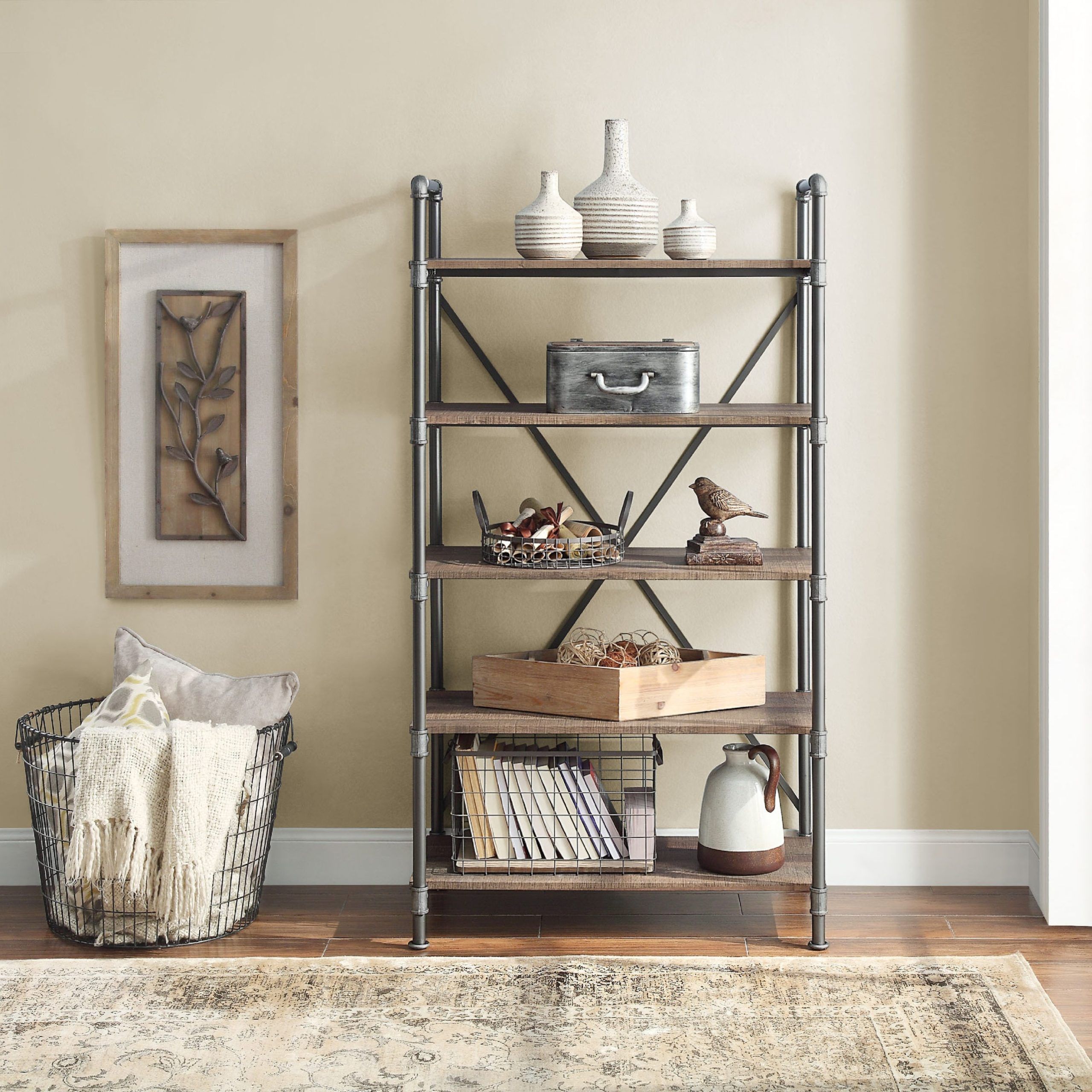 Allen + Roth Distressed Brown Metal 5 Shelf Bookcase (31.5 In W X 60 In H X   (View 15 of 15)