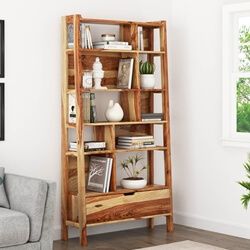 Alta Rustic Solid Wood 10 Open Shelf Leaning Ladder Bookcase W Drawer With Bookcases With Drawer (View 12 of 15)