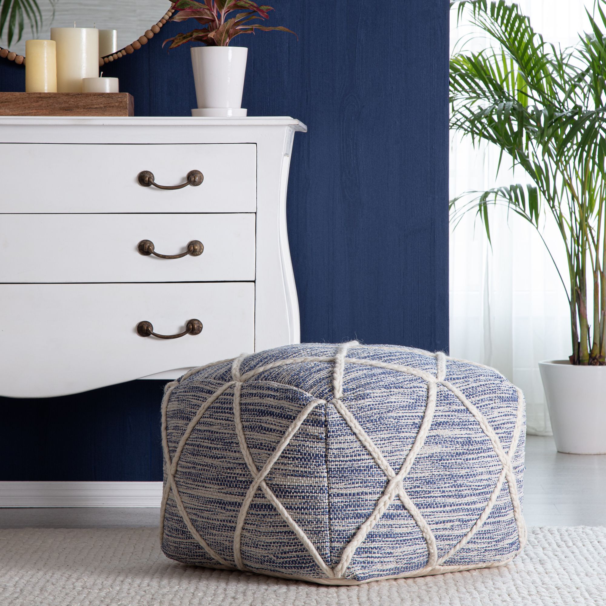 Anji Mountain Kirkwood Lake 22" Square Pouf Ottoman Blue & Ivory –  Walmart Intended For Ivory And Blue Ottomans (Photo 14 of 15)