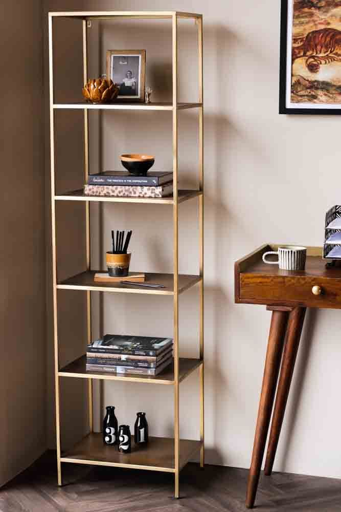 Antique Brass Slim 6 Tier Shelving Unit | Rockett St George For Antique Gold Bookcases (Photo 12 of 15)