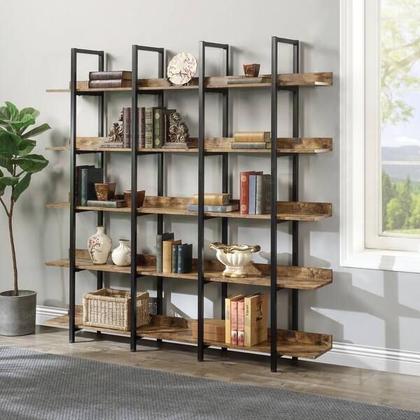 Athmile 70.87 In. Brown 5 Tier Bookcase Home Office Open Bookshelf With  Metal Frame Gz Wf286176aat – The Home Depot Throughout Five Tier Bookcases (Photo 14 of 15)