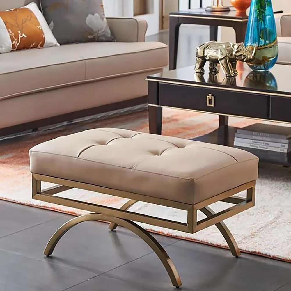 Beige Stool Leather Upholstered Ottoman Stool Gold Legs Homary In Ottomans With Stool (View 7 of 15)