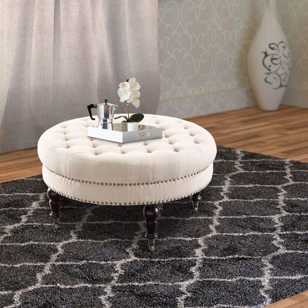 Benjara White And Black Fabric Upholstered Round Tufted Ottoman Bm144028 –  The Home Depot Throughout Fabric Upholstered Ottomans (View 8 of 15)