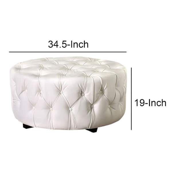 Benjara White Round Shape Bonded Leather Ottoman With Button Tufting 34.5  In. L X 14.5 In. W X 19 In (View 12 of 15)