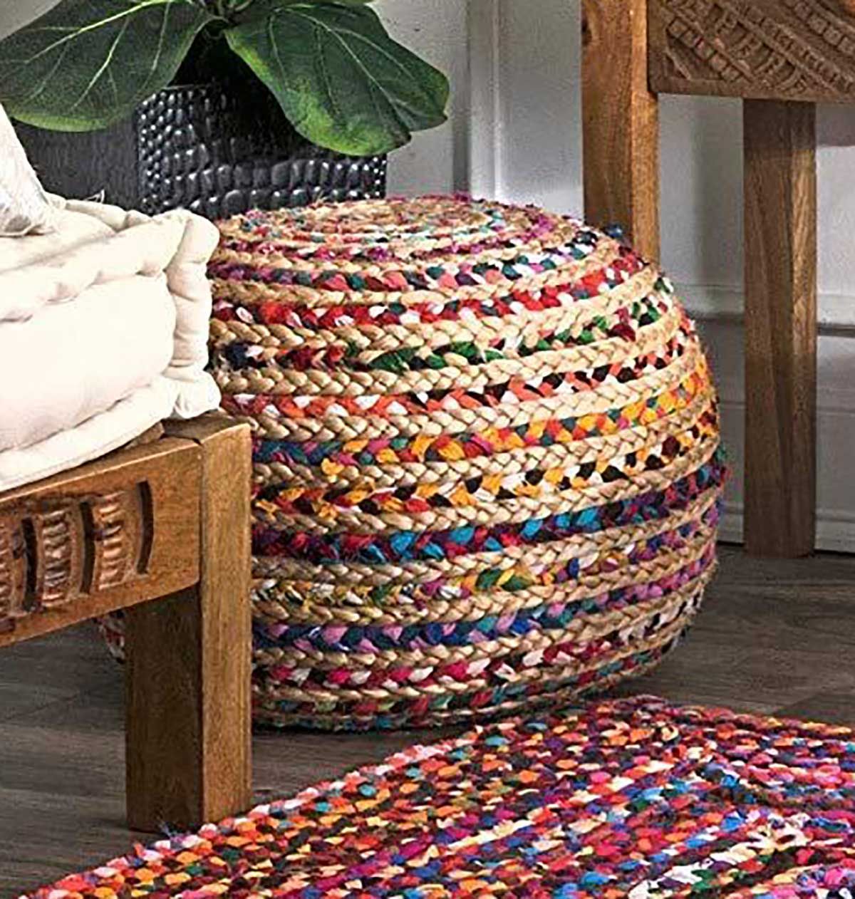 Bigmo Boho Braided Multi Chindi Rainbow Colors Natural Jute Pouf Ottoman –  Loomkart With Natural Ottomans (View 11 of 15)