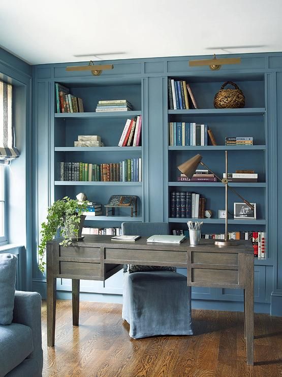 Blue Built In Office Bookcase – Transitional – Den/library/office With Regard To Blue Wood Bookcases (Photo 11 of 15)