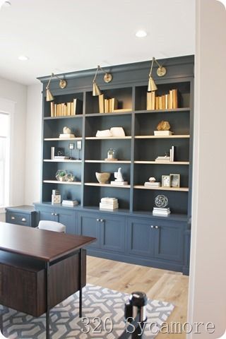 Blue Office Built Ins | Home Office Decor, Built In Shelves Living Room,  Home Office Design In Blue Wood Bookcases (Photo 6 of 15)