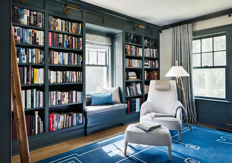 Blue Paneled Den With Dark Blue Built In Bookcases – Transitional –  Den/library/office Intended For Navy Blue Bookcases (Photo 3 of 15)