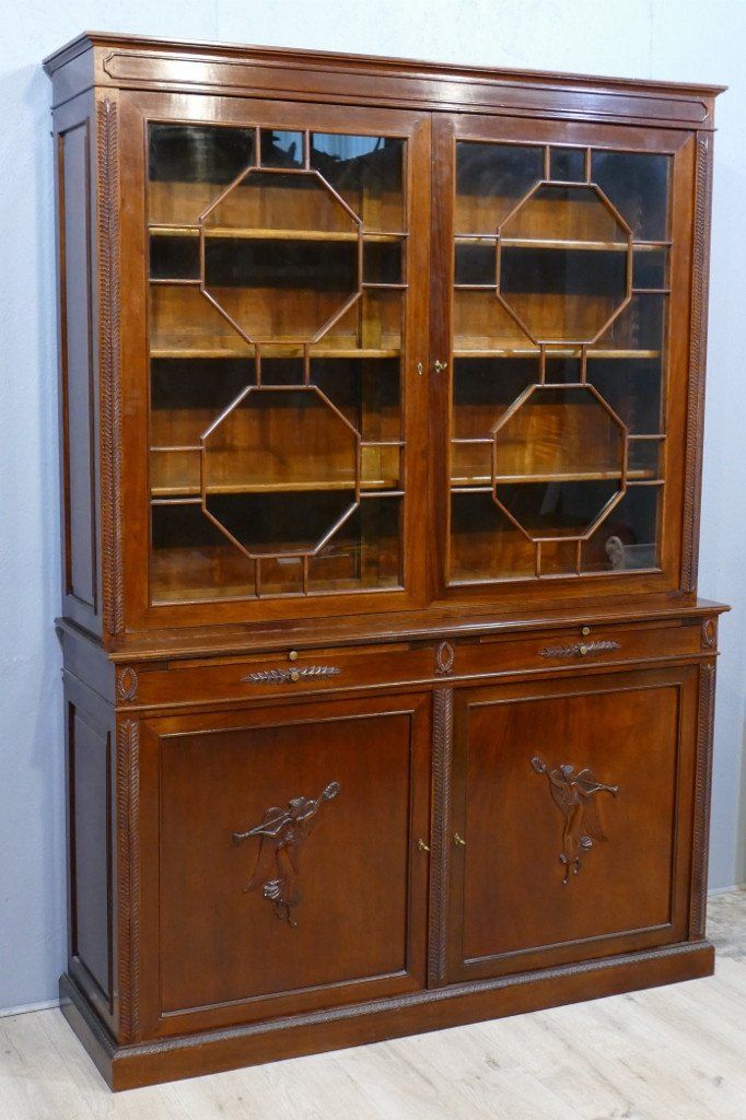 Bookcase In Two Bodies In The English Empire Style In Mahogany, Early  Twentieth Time – Bookcases Pertaining To Two Drawer Bookcases (View 9 of 15)