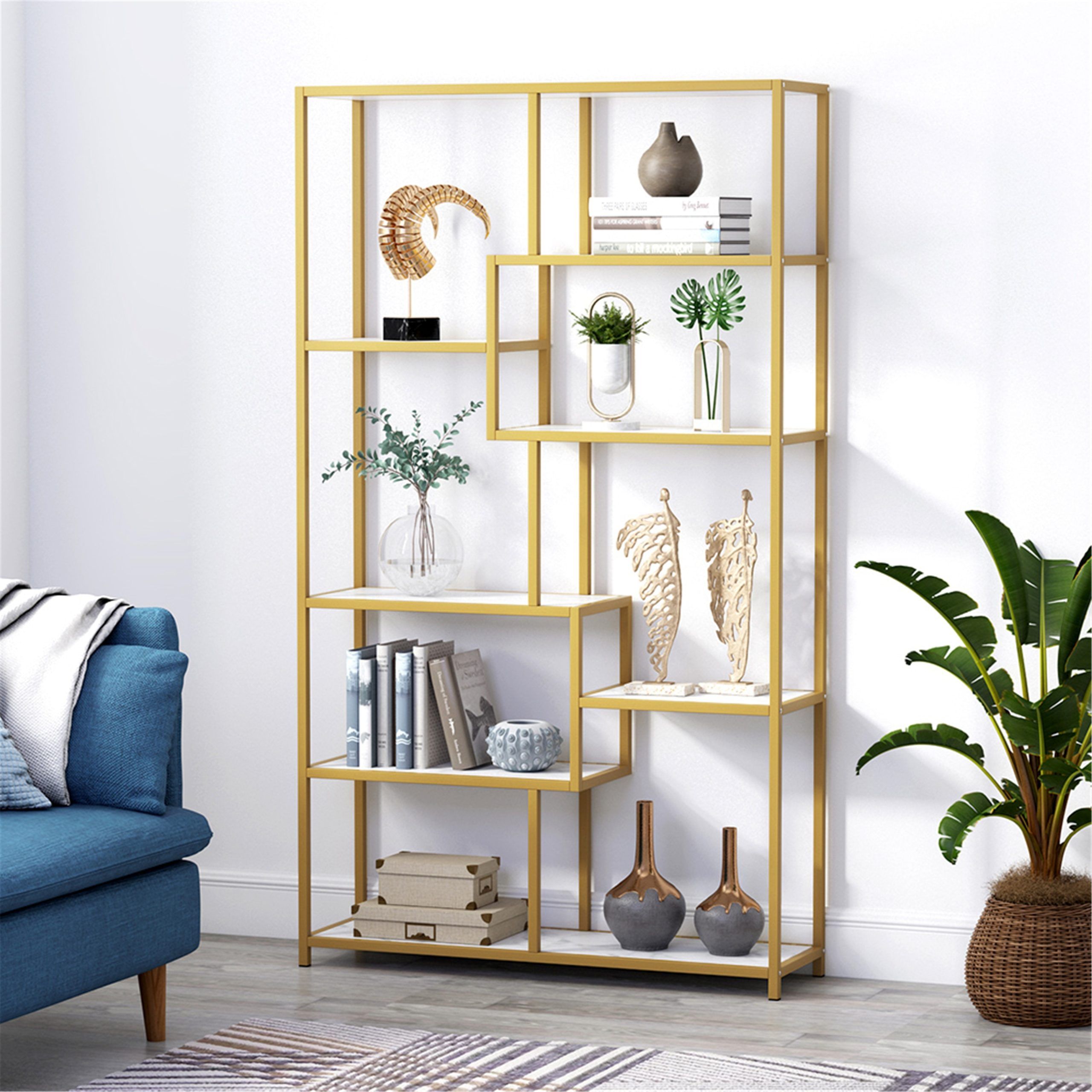 Bookshelf Bookcase, Gold 8 Open Shelf Etagere Bookcase With Faux Marble –  Overstock – 31569700 In Gold Bookcases (Photo 1 of 15)