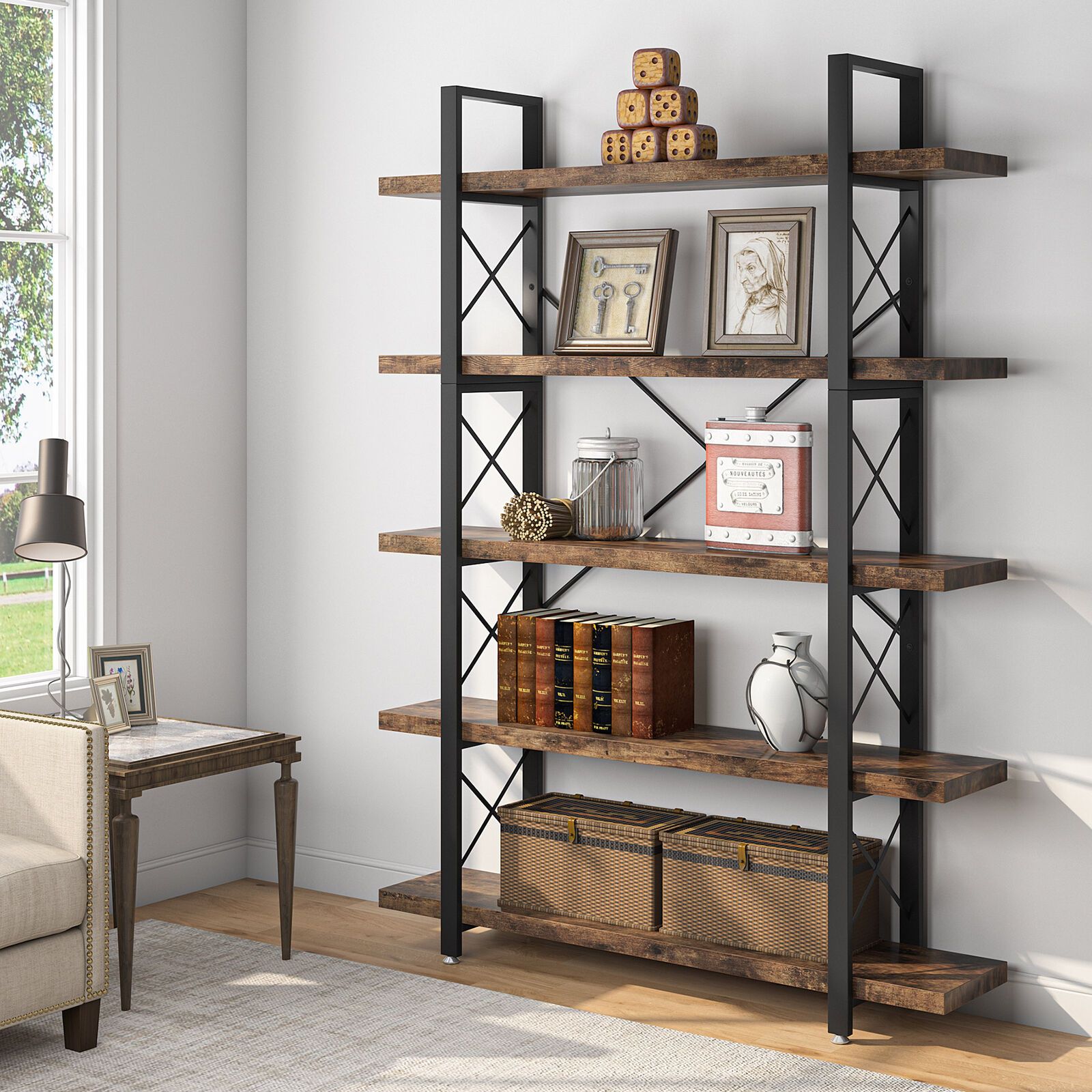 Brown Tall Bookshelf With Storage, Industrial Wooden Metal Bookcase For  Bedroom | Ebay Pertaining To Brown Metal Bookcases (View 3 of 15)