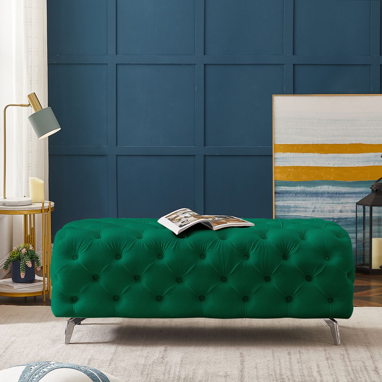 Button Tufted Ottoman Bench, Upholstered Velvet Footrest Stool Accent Bench  For Entryway Living Room Bedroom Green – Walmart Regarding Dark Green Ottomans (View 8 of 15)