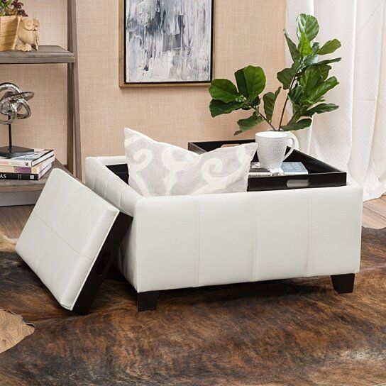 Buy Justin 2 Tray Top Ivory Leather Ottoman Coffee Table With Storage Gdfstudio On Dot & Bo In Ivory Faux Leather Ottomans (View 2 of 15)