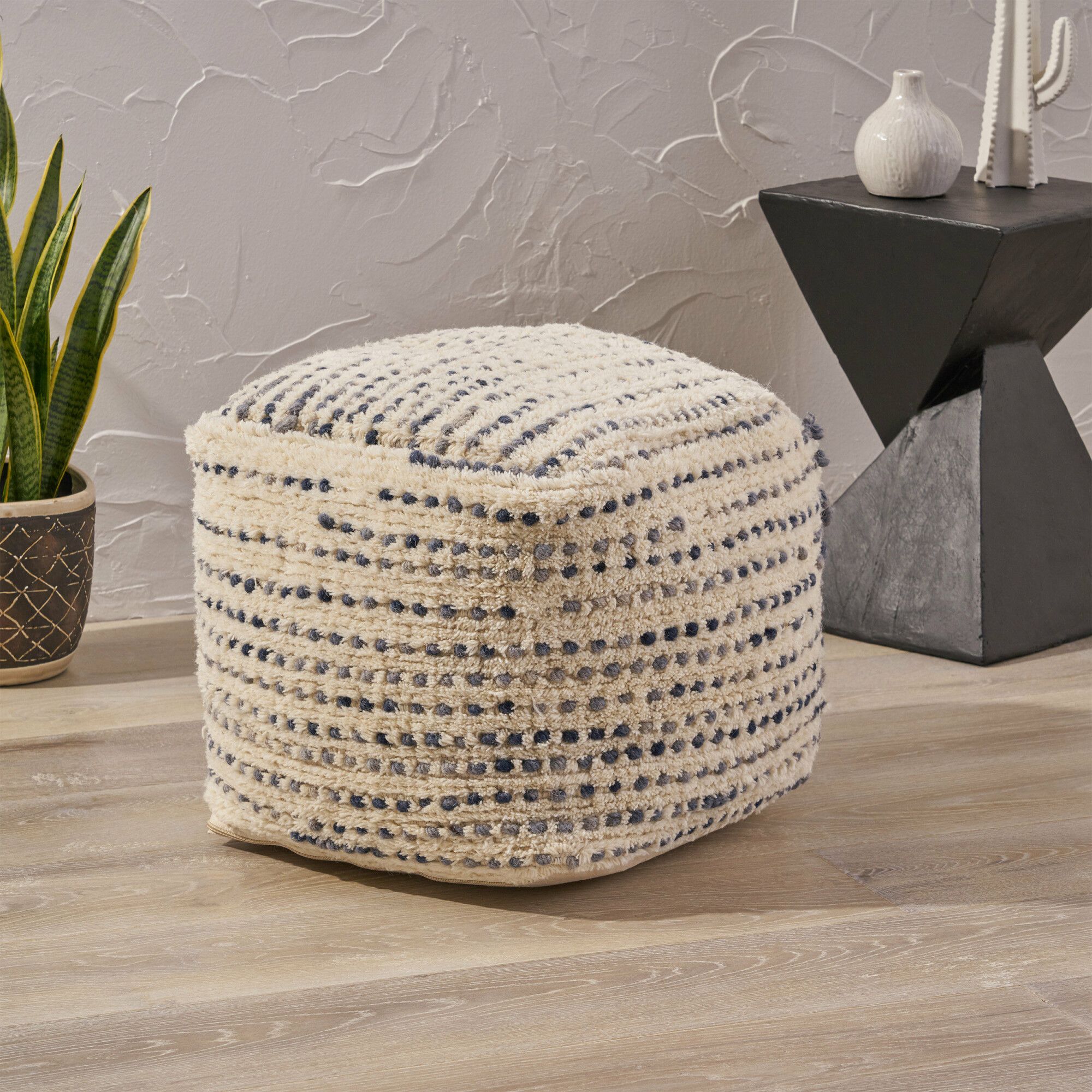 Calzona Boho Wool And Cotton Ottoman Pouf, Ivory And Blue In Ivory/blue Noble House Regarding Ivory And Blue Ottomans (View 3 of 15)