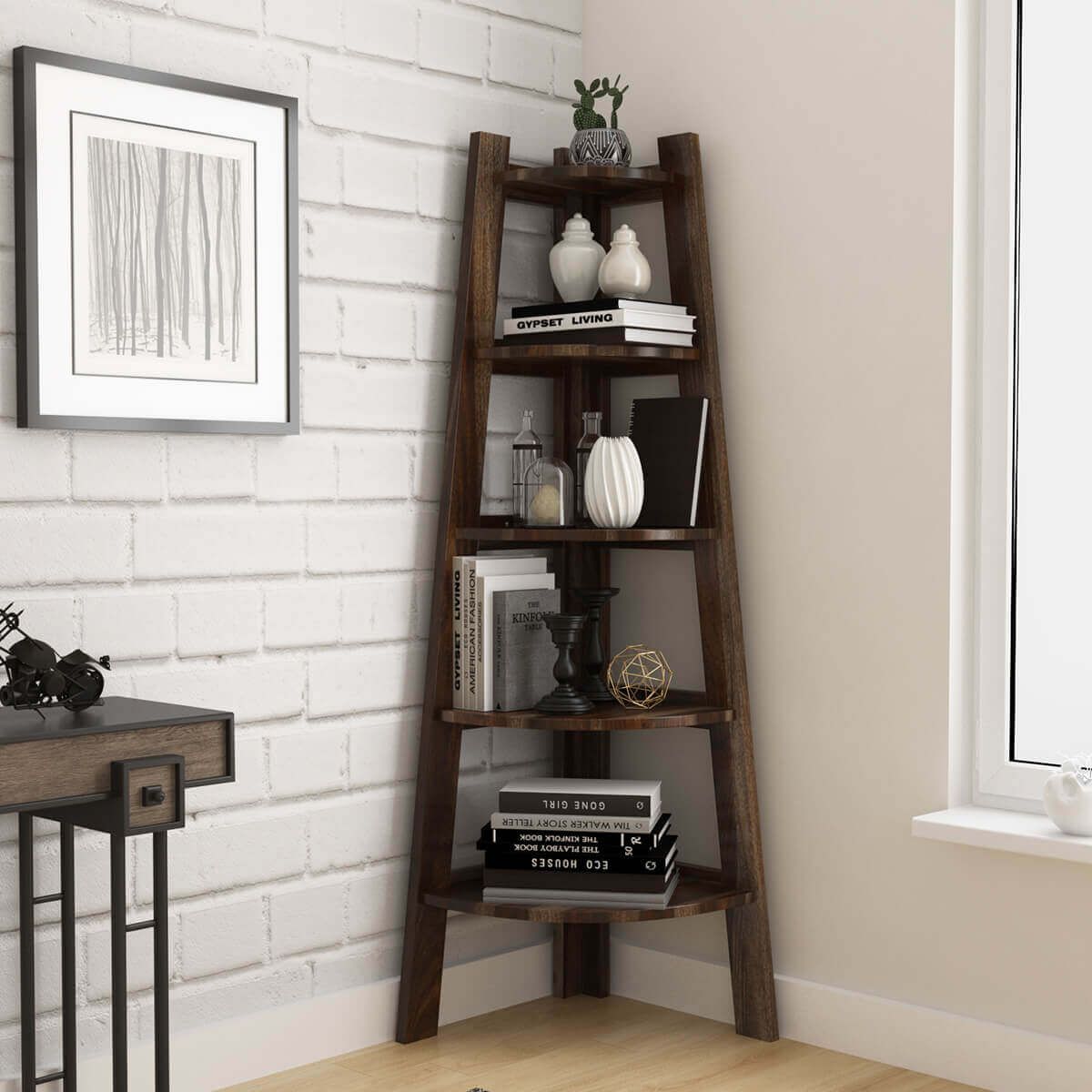 Cameroon Contemporary 5 Shelf Solid Wood Corner Ladder Bookcase Regarding Wooden Ladder Bookcases (Photo 12 of 15)