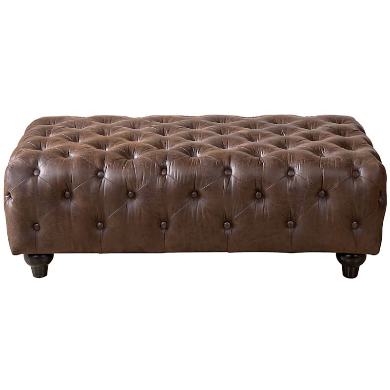 Chesterfield Tufted Brown Faux Leather Ottoman | At Home Inside Black Faux Leather Ottomans (View 11 of 15)