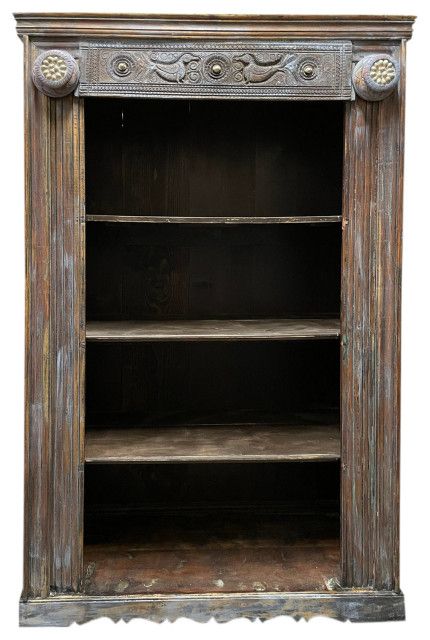 Consigned Rustic Blue Bookcase, Cowrie Shells Carved Wood Vintage Tall  Bookshelf – French Country – Bookcases  Mogul Interior | Houzz Pertaining To Blue Wood Bookcases (View 13 of 15)