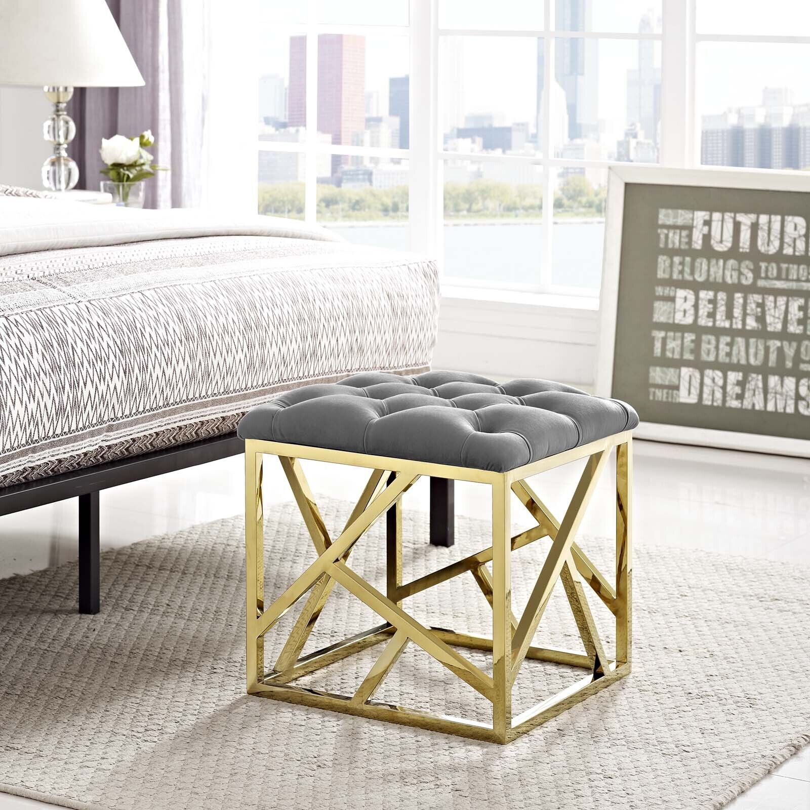Contemporary Modern Tufted Velvet Geometric Metal Ottoman Bench In Gold Gray  | Ebay With Geometric Gray Ottomans (Photo 12 of 15)