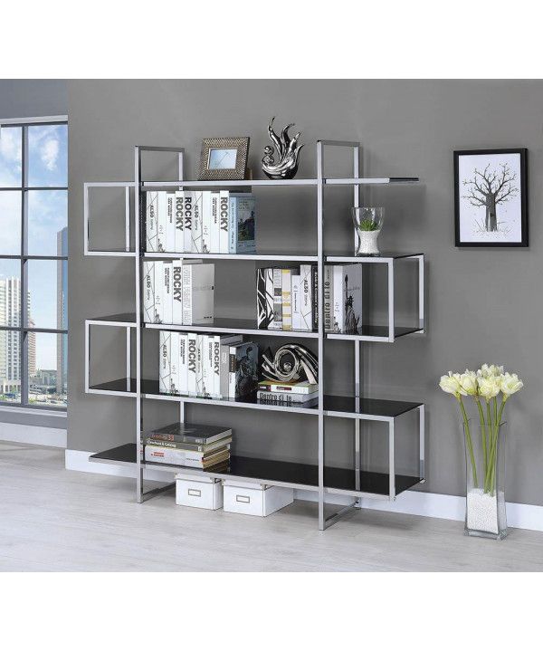 Contemporary Silver Metal And Black Glass Bookcase With Silver Metal Bookcases (View 3 of 15)