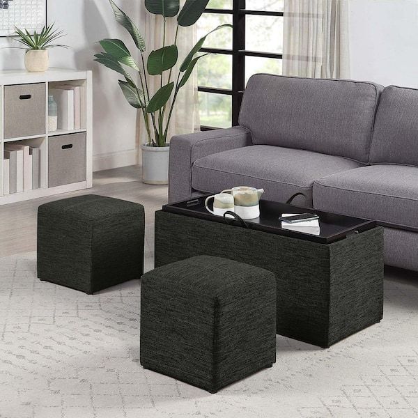 Convenience Concepts Designs4comfort Sheridan Dark Charcoal Gray Fabric  Storage Bench With Reversible Tray And 2 Side Ottomans R8 198 – The Home  Depot In Ottomans With Reversible Tray (View 15 of 15)