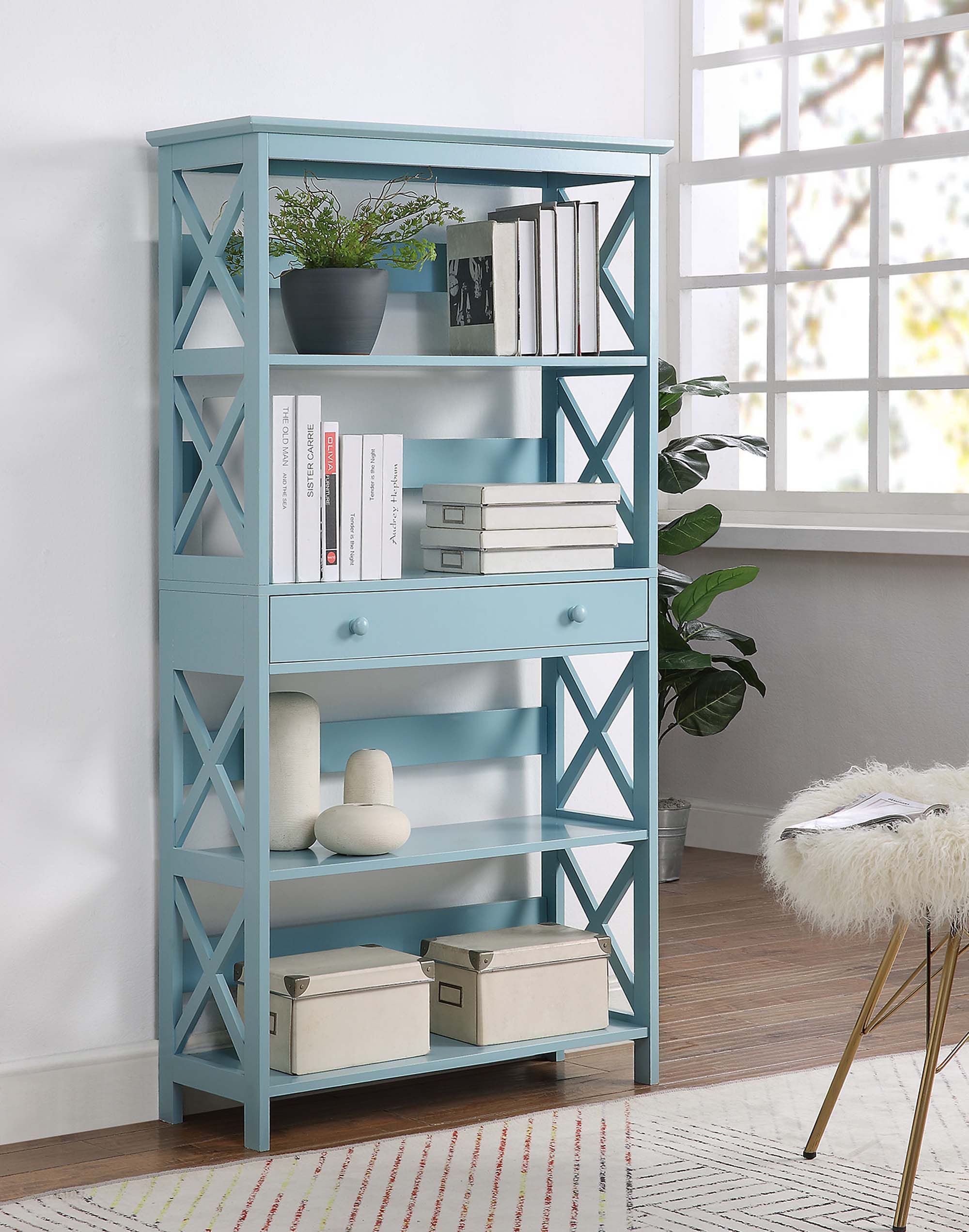 Convenience Concepts Oxford 5 Tier Bookcase With Drawer, Sea Foam Blue –  Walmart Pertaining To 5 Tier Bookcases With Drawer (View 1 of 15)